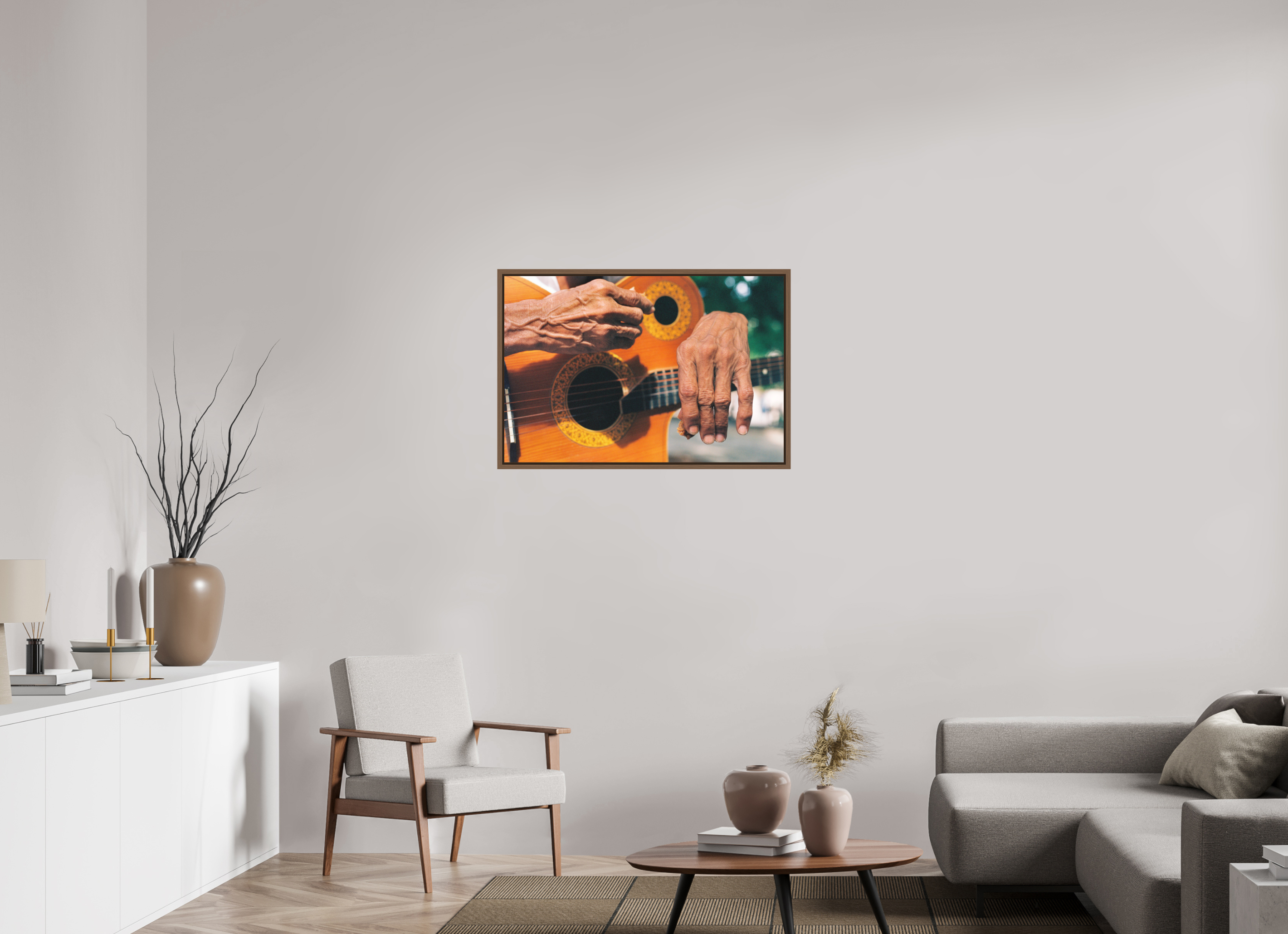 90 x 60 cm, Acrylic matt 2mm - American case 15mm - walnut Cuban Street Guitarist