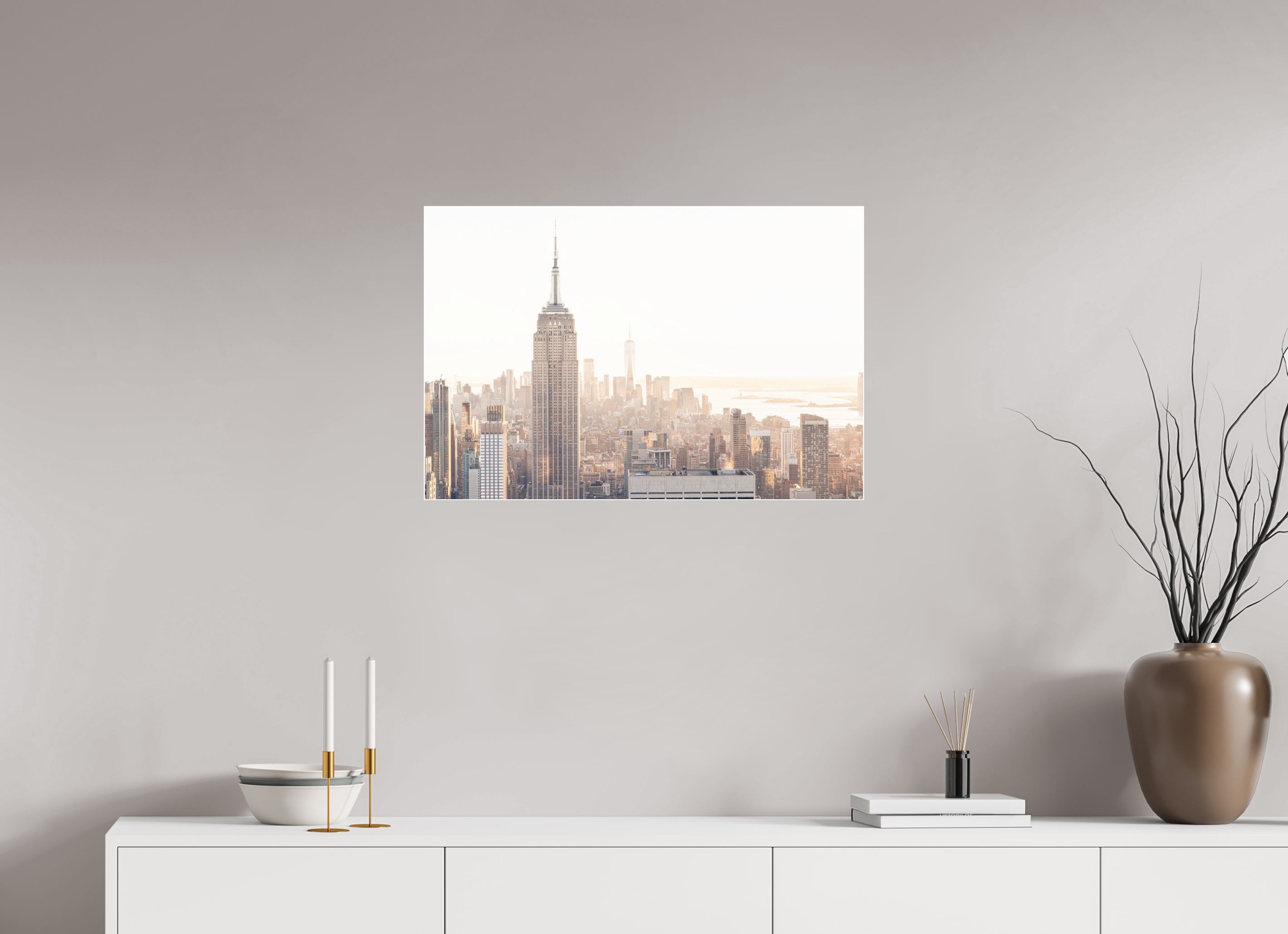 75 x 50 cm, Acrylic glossy 2mm - Alu Slime Frame - white Empire State Building sunnygold
