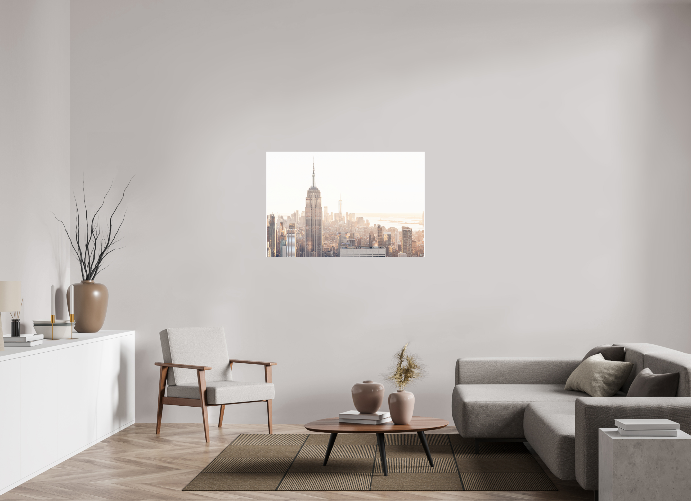 120 x 80 cm, Acrylic glossy 2mm - Alu Slime Frame - white Empire State Building sunnygold