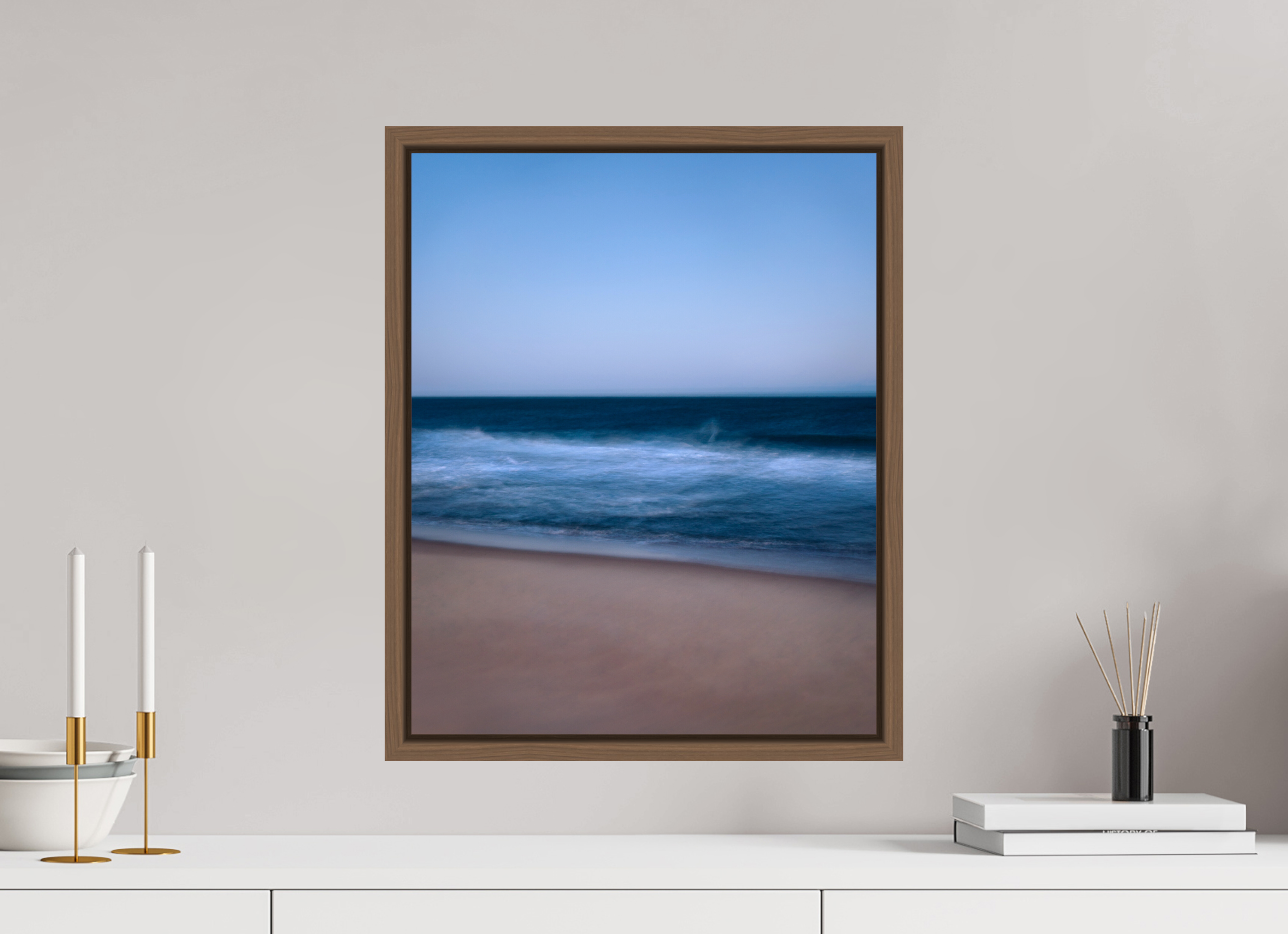 40 x 50 cm, Acrylic glossy 2mm - American case 15mm - walnut Long Island Beach