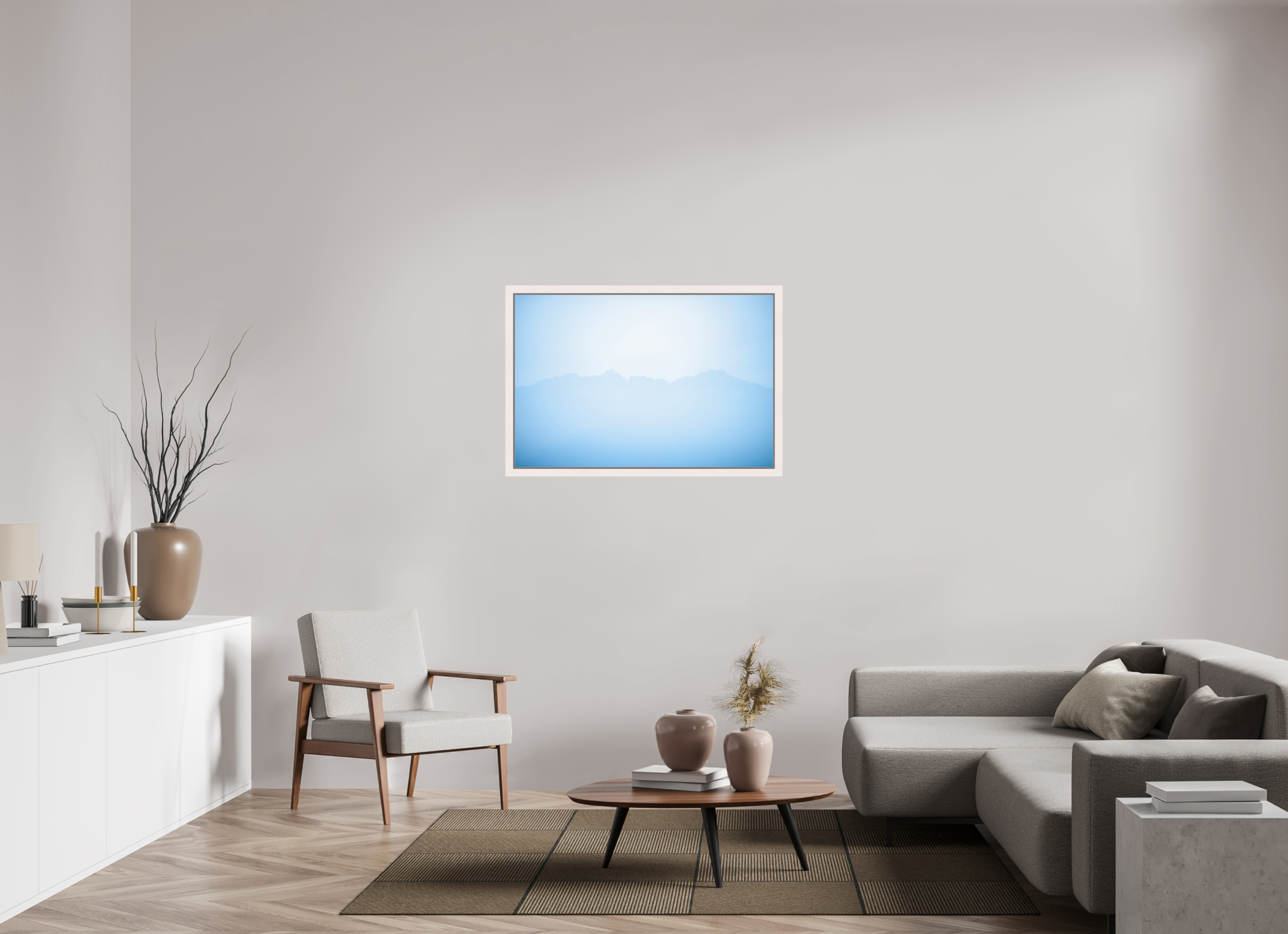 105 x 70 cm, Acrylic matt 2mm - American case 31mm - mapple white Mountains of Como Lac