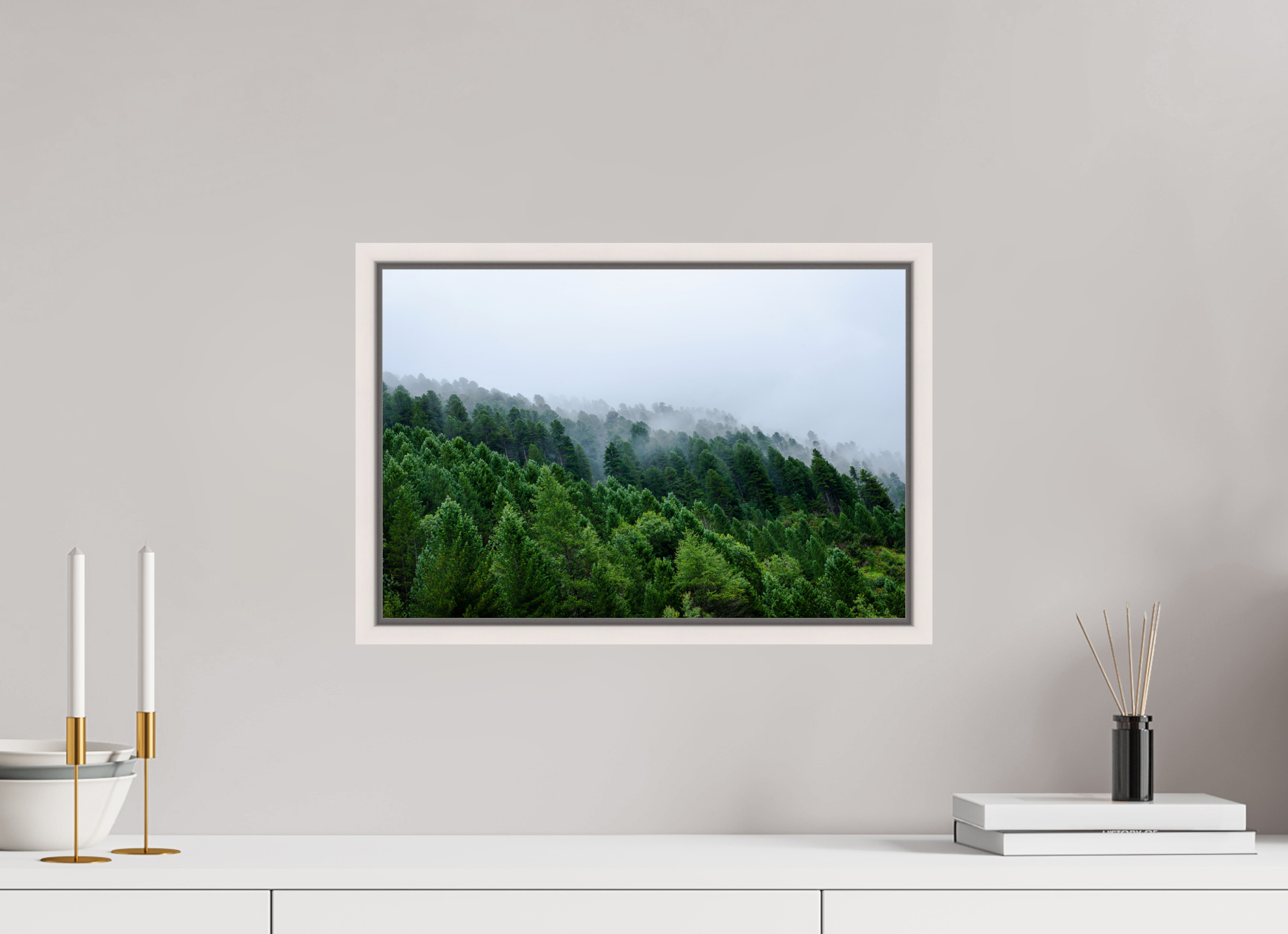 45 x 30 cm, Acrylic glossy 2mm - American case 15mm - maple white Trees lined slope 2