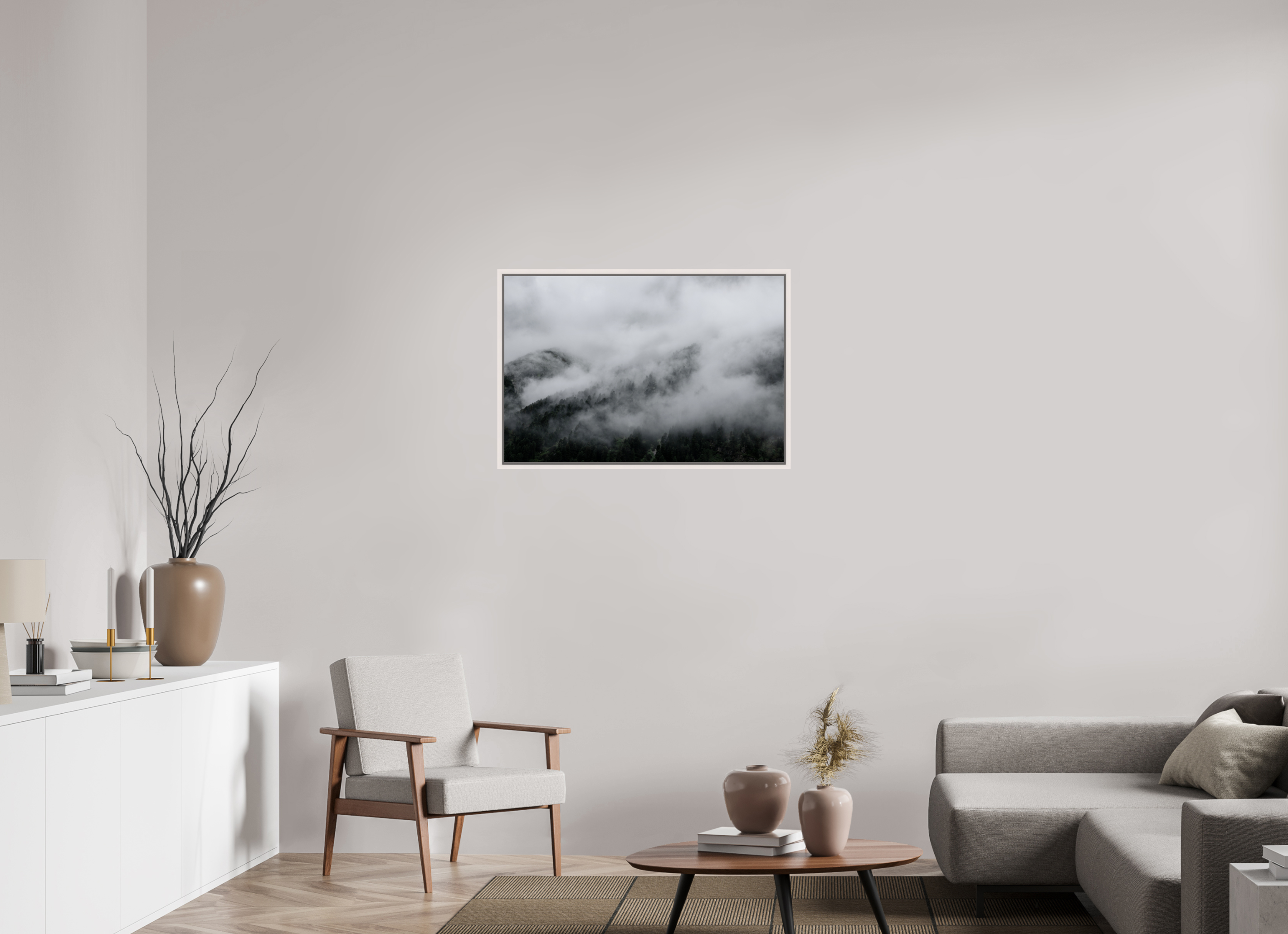 90 x 60 cm, Acrylic glossy 2mm - American case 15mm - maple white The misty Mountains