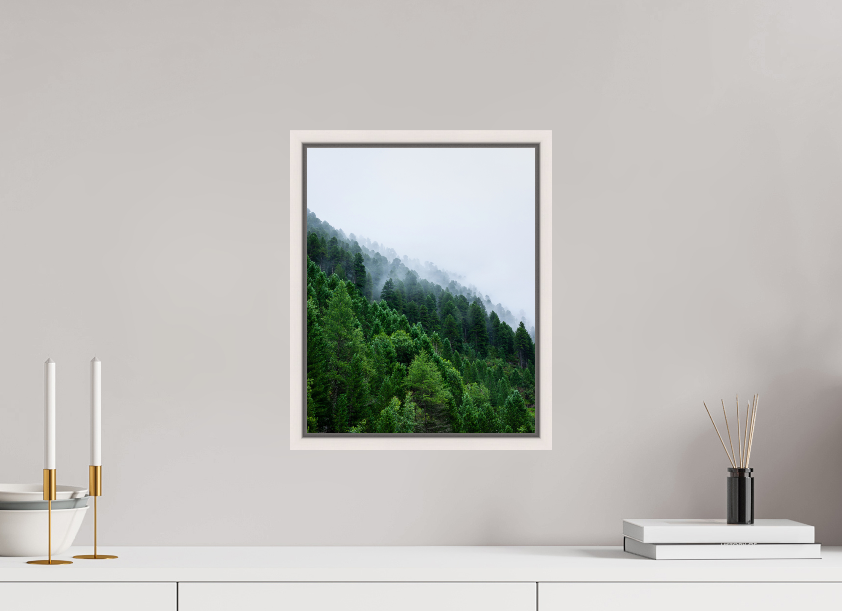 30 x 37,5 cm, Acrylic glossy 2mm - American case 15mm - maple white Trees lined slope